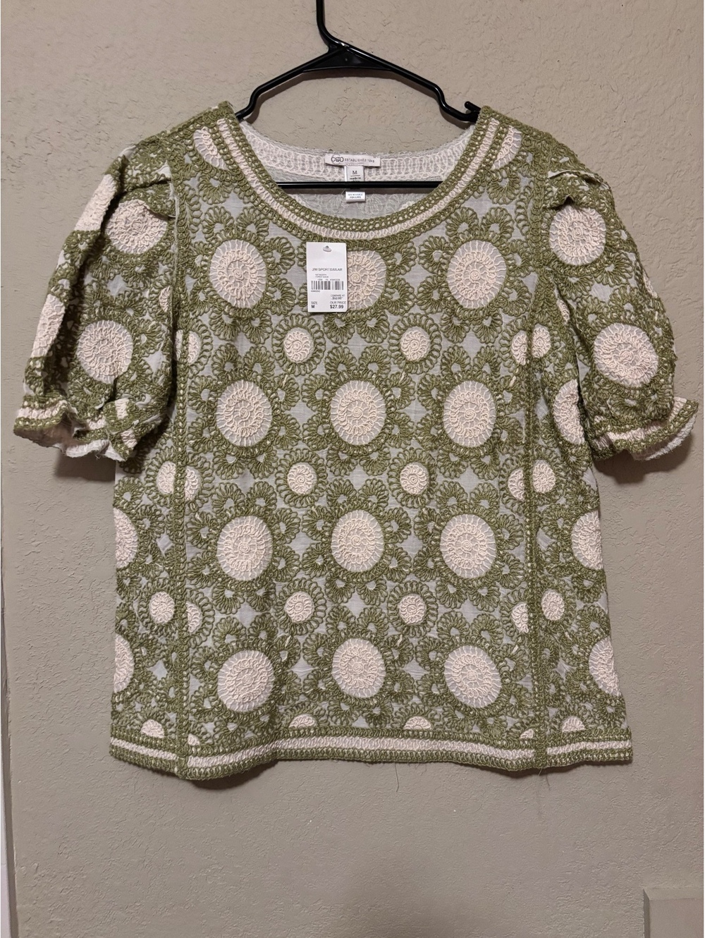 Cato Green and Cream Crochet Knit Top Size Medium